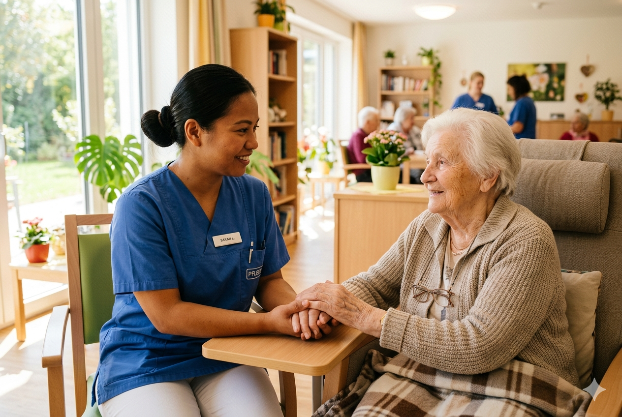 Diverse Pflegekraft mit Senior